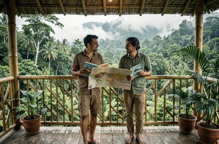 Couple planifiant leur itinéraire depuis la terrasse d'un bungalow en bambou en pleine jungle tropicale