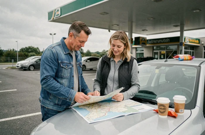 Couple consultant une carte routière sur le capot de leur voiture dans une aire d'autoroute française lors du trajet Paris-Londres