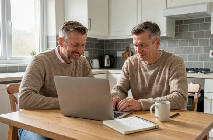 Un couple compare des offres d'assurance sur un ordinateur portable dans leur cuisine