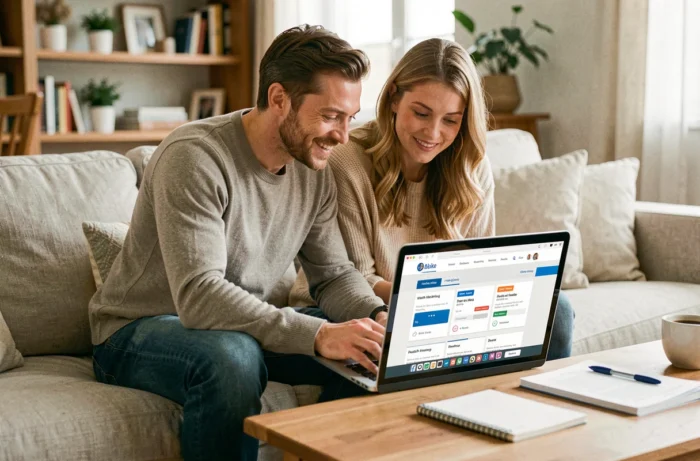 Couple comparant des offres de mutuelle santé en ligne depuis leur salon