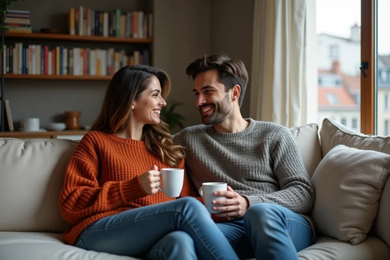 Couple complice partageant un moment intime dans un appartement parisien moderne, illustrant la vie privée d'un couple célèbre