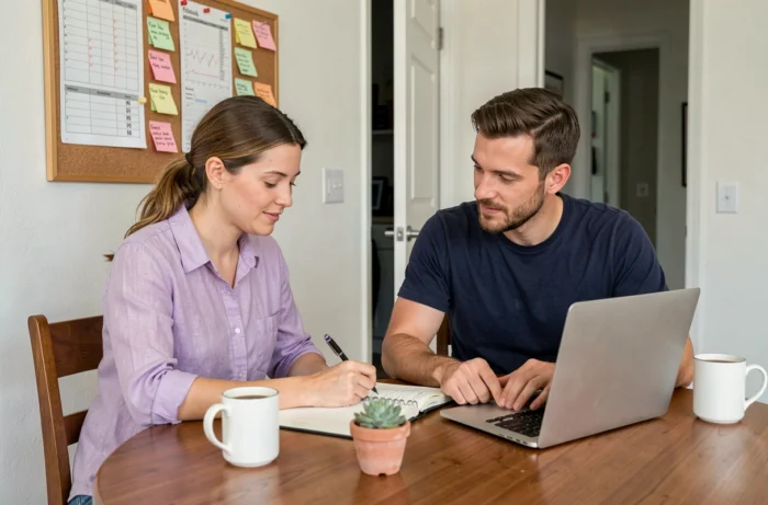 Couple de parents planifiant l'organisation familiale ensemble à une table, conseils de parentalité sereine et gestion du quotidien