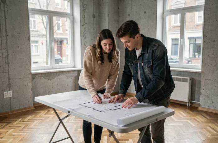 Jeune couple examinant les plans d'un appartement en rénovation accompagnés par Ciblimmo
