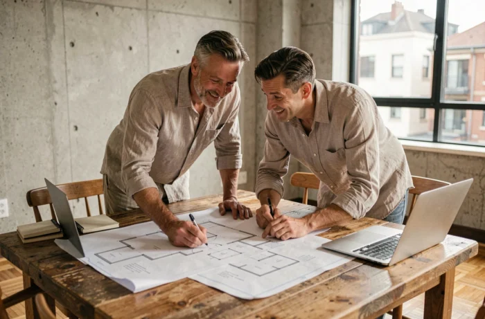 Couple étudiant des plans architecturaux pour un projet immobilier dans un appartement moderne