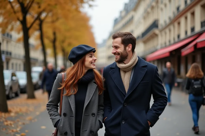 Couple marchant sur un boulevard parisien en automne, capturant la complicité et la vie quotidienne d'un couple sous les projecteurs