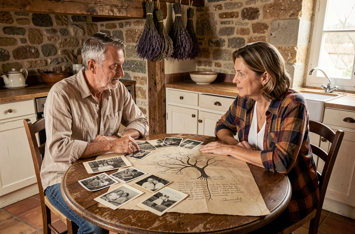 Deux adultes examinent ensemble des photos de famille et un arbre généalogique manuscrit autour d'une table