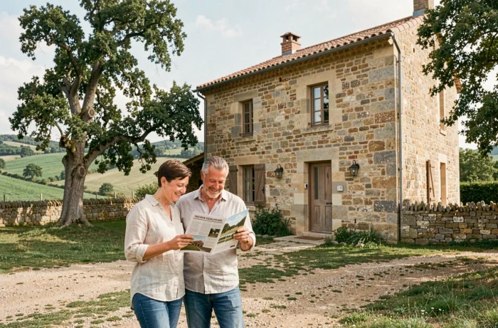 Couple visitant une ferme en pierre traditionnelle dans la campagne du Tarn pour un investissement immobilier