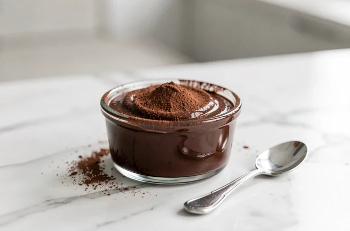 Ramequin en verre de crème dessert au chocolat brillante saupoudrée de cacao, posée sur un marbre blanc avec une petite cuillère argentée