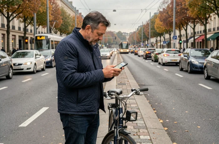 Homme en vélo consultant une application de navigation pour éviter les bouchons dans une rue passante de Rennes en automne