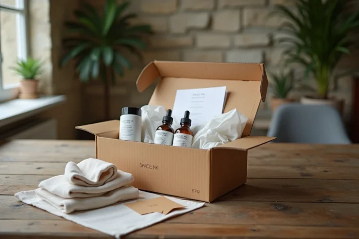 Déballage d'une commande Space NK livrée en France avec emballage premium et produits de beauté