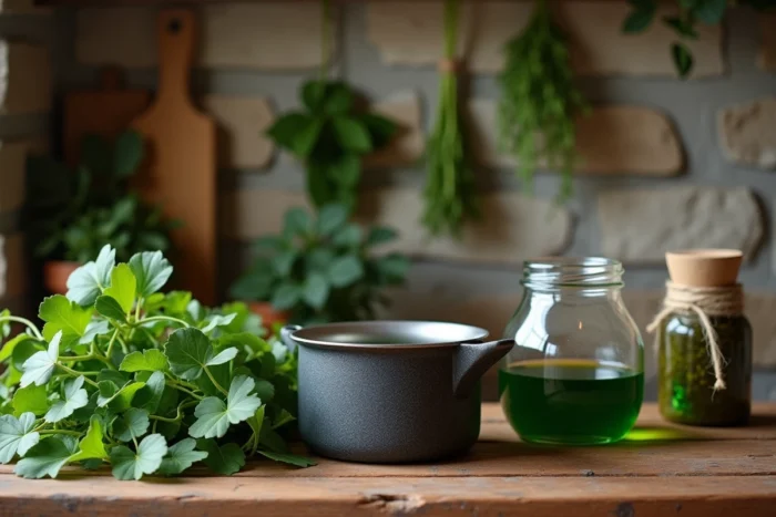 Petite casserole avec une décoction de lierre grimpant vert foncé et un bouquet de feuilles fraîches sur un comptoir en bois rustique