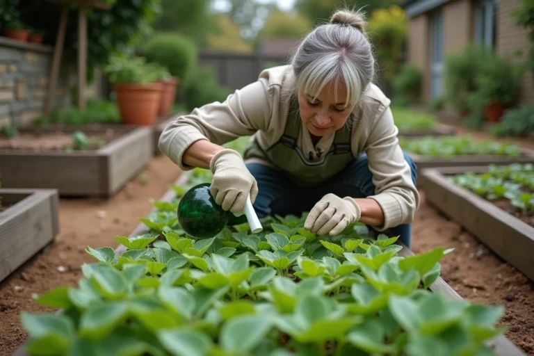 Femme utilisant un désherbant liquide sur du pourpier dans un jardin potager