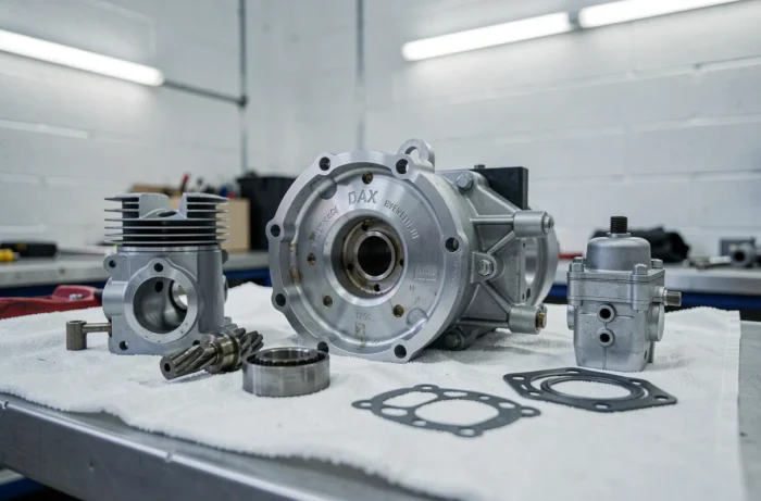 Vue détaillée d'un moteur Dax 125cc démonté avec ses composants disposés sur un établi