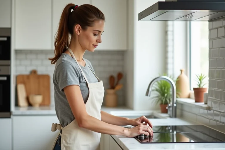 Femme déverrouillant la plaque induction Smeg en appuyant sur le bouton de verrouillage du panneau de commande dans une cuisine moderne