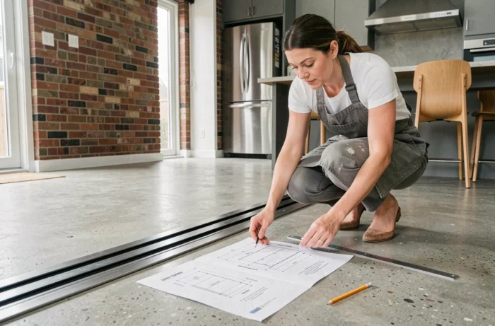 Femme étudiant les plans de dimensions pour le rail d'une porte coulissante dans une cuisine ouverte rénovée