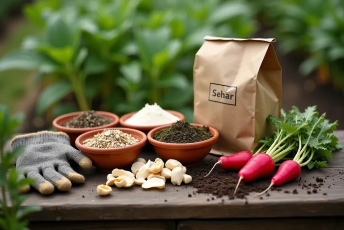 Assortiment d'engrais naturels dans des bols en terre cuite sur une table de jardinage en bois brut