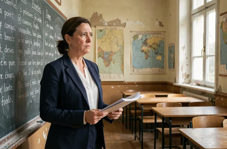 Enseignante expérimentée dans une salle de classe française regardant par la fenêtre avec une expression préoccupée, illustrant l'incertitude liée à la fin du pacte enseignant en 2026