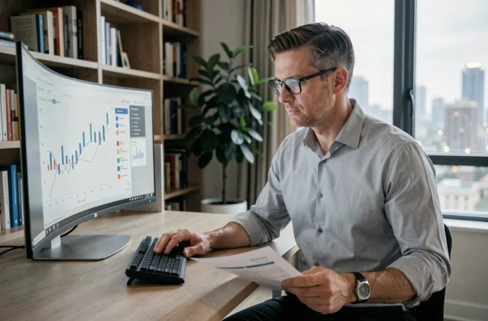 Entrepreneur masculin analysant des données de croissance d'entreprise sur un écran d'ordinateur dans un bureau à domicile moderne