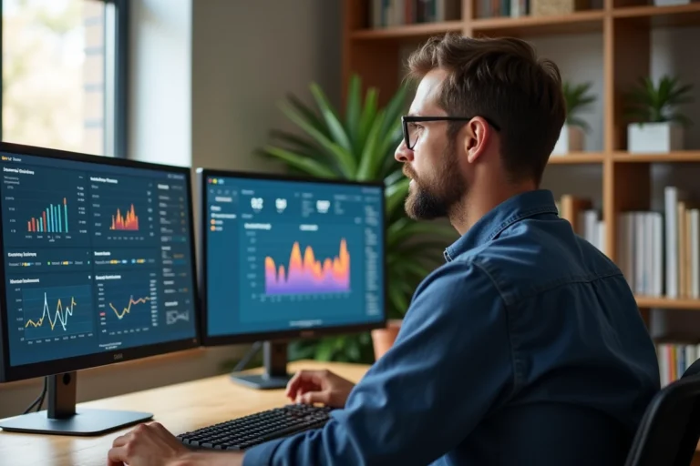 Entrepreneur en home office analysant des tableaux de bord d'automatisation sur double écran pour optimiser son business en ligne