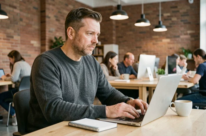 Entrepreneur concentré travaillant sur son ordinateur portable dans un espace de co-working tendance
