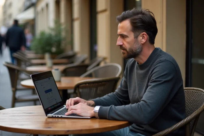 Entrepreneur indépendant travaillant sur l'automatisation de son business en ligne depuis une terrasse de café parisienne