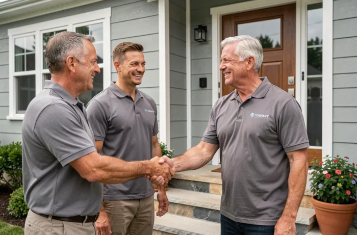 Entrepreneurs en rénovation et propriétaire satisfait se serrant la main devant une maison entièrement rénovée