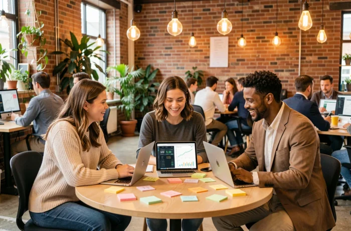 Équipe de professionnels en séance de brainstorming pour développer des méthodes de croissance rapide dans un espace de coworking