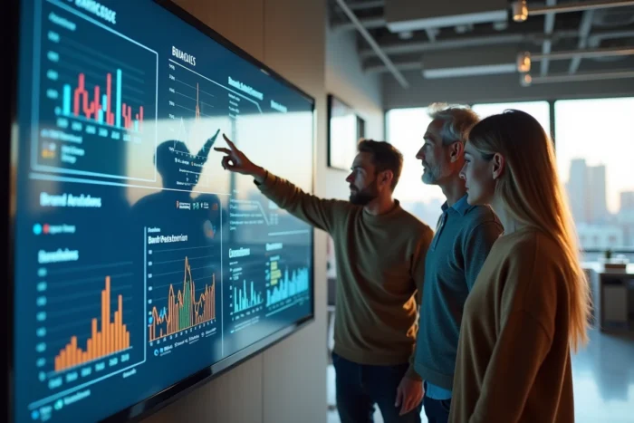 Équipe marketing diversifiée analysant des tableaux de bord de données et des diagrammes de partenariat sur un écran tactile dans un bureau moderne