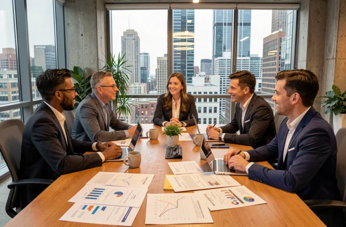Équipe de professionnels discutant des nouvelles tendances business autour d'une table de réunion
