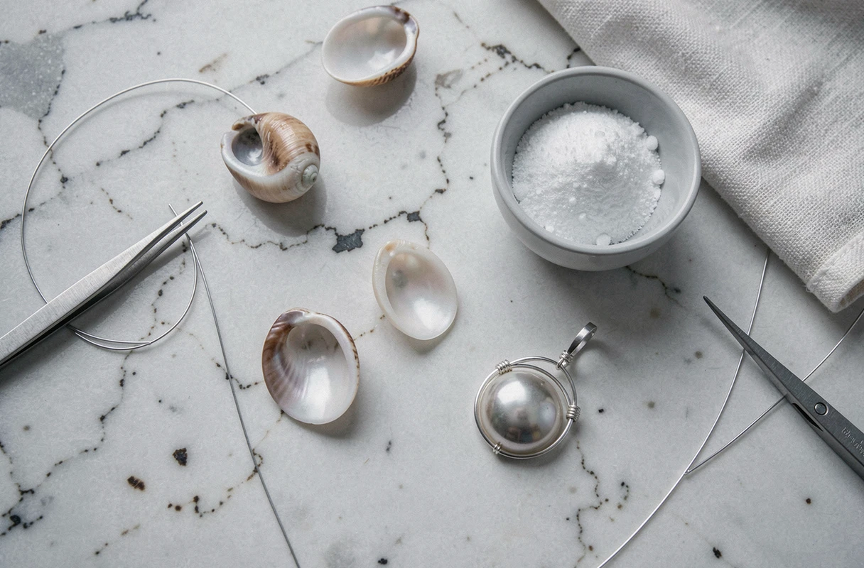 Mise en scène à plat des étapes de nettoyage et de création d'un bijou avec des œils de Sainte Lucie sur marbre blanc