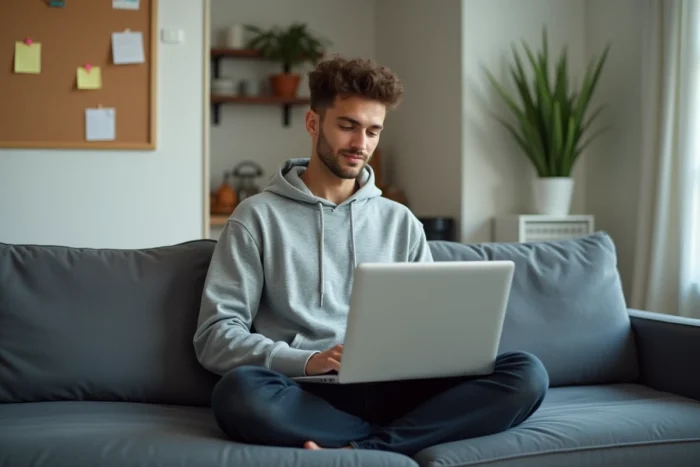 Étudiant cherchant un job sur son ordinateur portable depuis son appartement universitaire