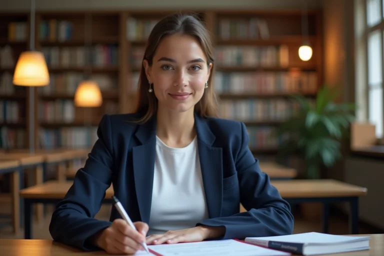 Étudiante révisant son CV dans une bibliothèque universitaire pour sa recherche d'emploi étudiant