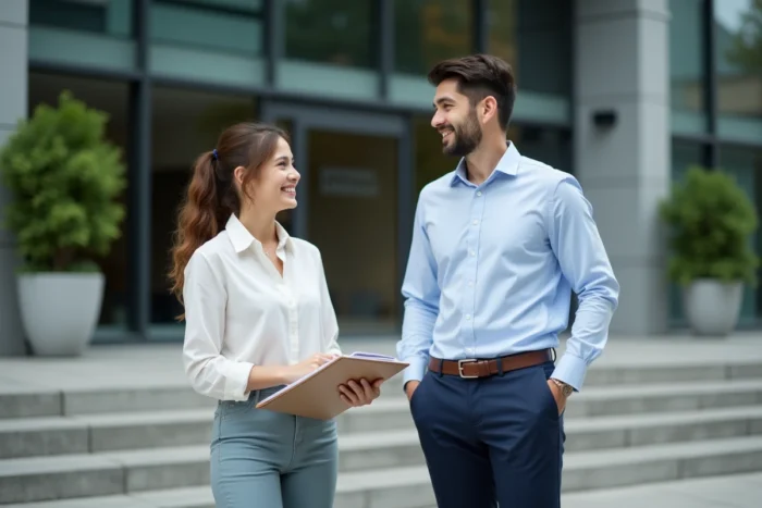 Deux étudiants discutant après un entretien d'embauche devant un immeuble de bureaux moderne