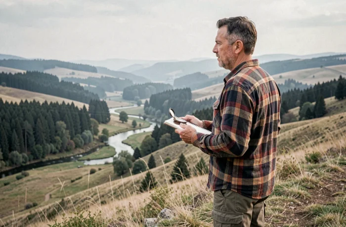 Homme évaluant un terrain en hauteur pour un projet de vie autonome en milieu rural