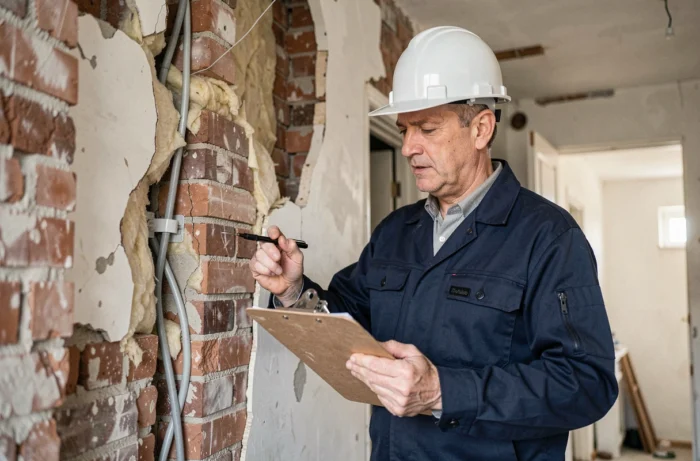 Expert en bâtiment inspectant les fissures structurelles d'un logement délabré lors d'un diagnostic d'inhabitabilité