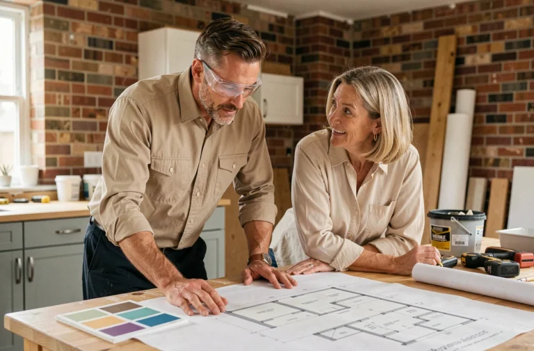 Expert en rénovation et propriétaire examinant des plans de travaux dans une cuisine en cours de rénovation