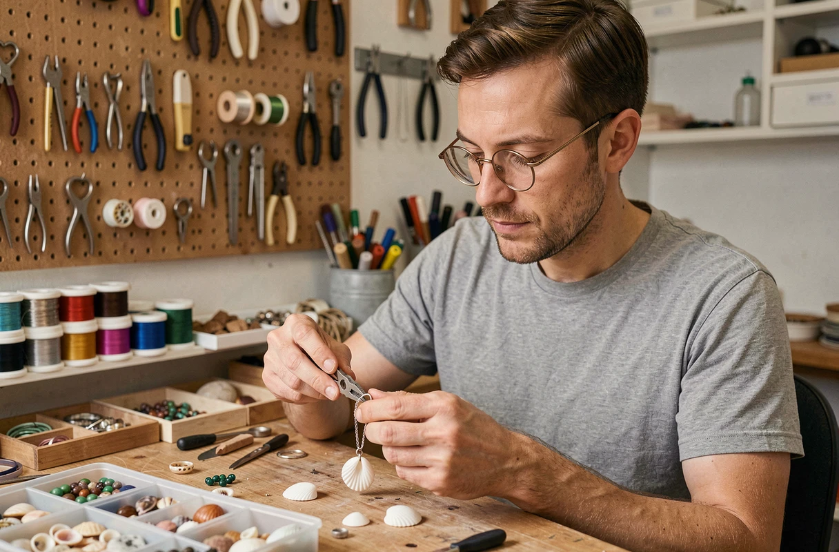 Artisan assemblant un pendentif avec un œil de Sainte Lucie dans un atelier de bijouterie artisanale