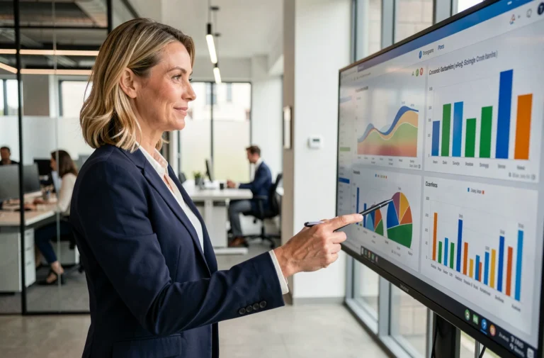 Femme d'affaires analysant des tendances business sur un écran tactile dans un bureau moderne