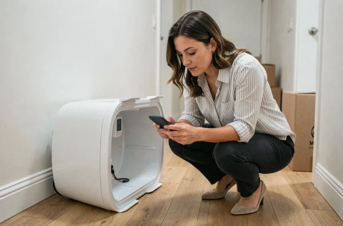 Femme vérifiant le temps d'attente sur son téléphone après avoir couché son réfrigérateur
