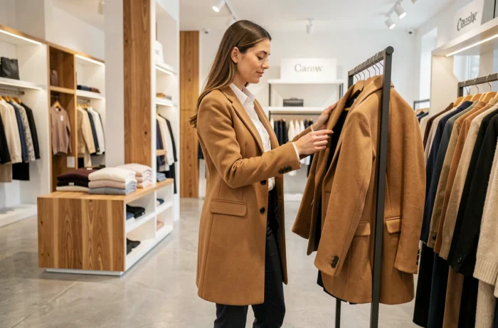 Femme élégante en manteau camel Banana Republic explorant les vêtements dans une boutique moderne aux tons neutres