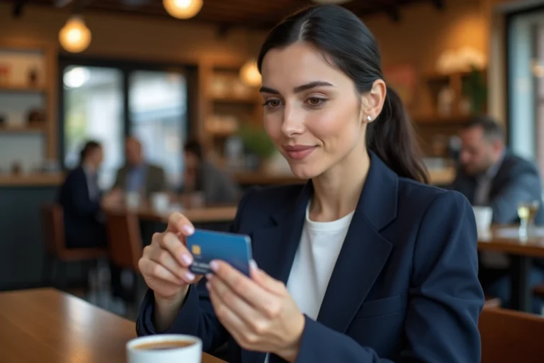 Femme tenant une carte bancaire Crédit Agricole dans un café moderne, illustrant les nouveautés 2026