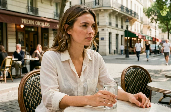 Femme en chemise légère blanche dans un café en terrasse parisienne lors d'une journée d'été