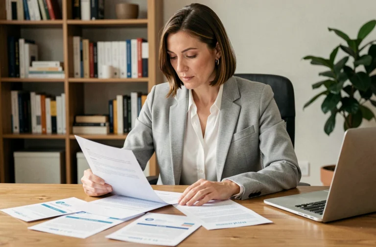 Femme comparant des brochures de mutuelles santé à son bureau à domicile
