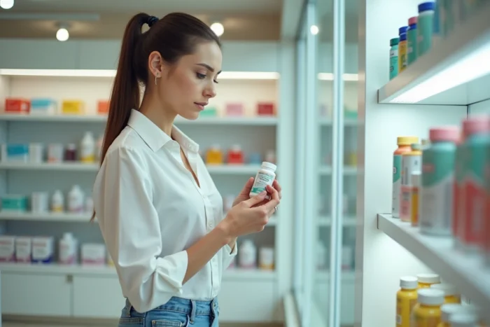 Femme examinant un complément alimentaire minceur dans une pharmacie moderne