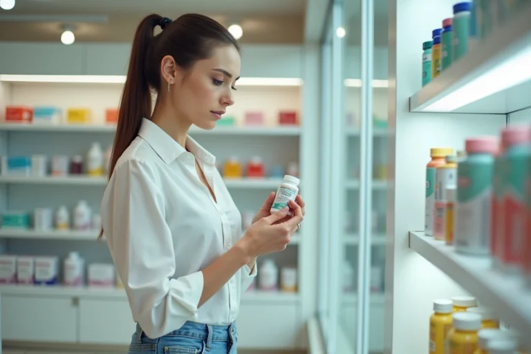 Femme examinant un complément alimentaire minceur dans une pharmacie moderne