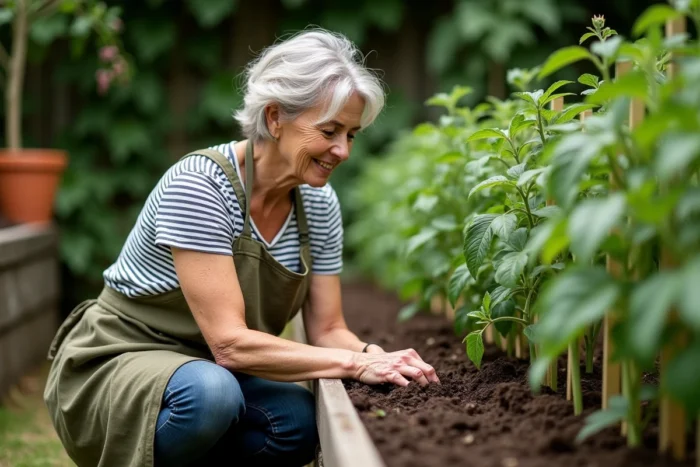 Femme épandant du compost maison autour de plants de tomates dans un potager surélevé en bois