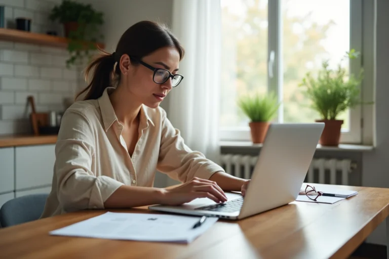Femme consultant les conditions d'un crédit flexible sur son ordinateur portable dans une cuisine moderne