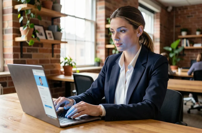 Femme professionnelle mettant à jour son CV en ligne sur la plateforme cvenligne du Collectif pour l'Emploi dans un espace de coworking moderne