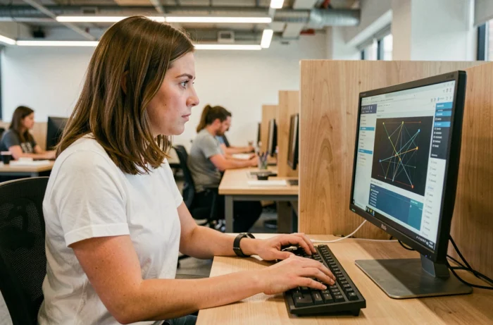 Femme en train de résoudre un problème de connexion sur un ordinateur de bureau dans un espace de coworking