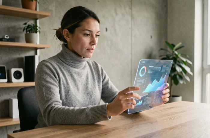 Femme utilisant un écran intelligent holographique dans un bureau minimaliste moderne, illustration des innovations technologiques 2024
